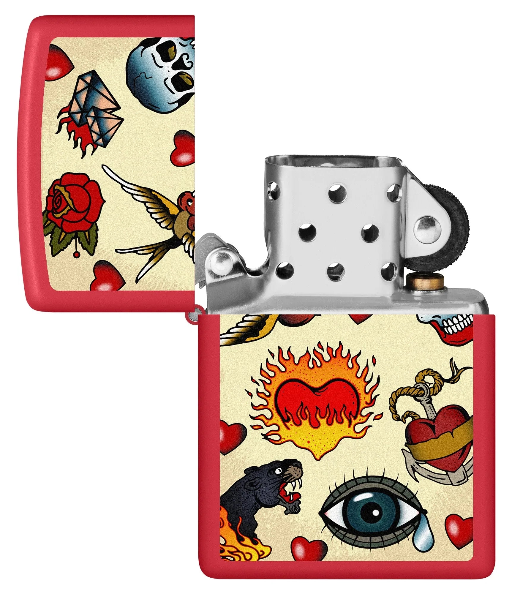 Zippo Tattoo Design Windproof Lighter with its lid open and unlit.